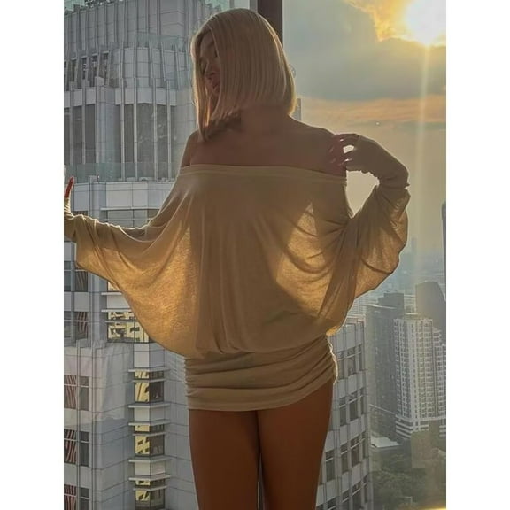 Women's Solid Off The Shoulder Sheer Ruched Dress, Fashion Casual Long Sleeve Mini Dress for Party Club Holiday, Women Dress for Spring & Fall