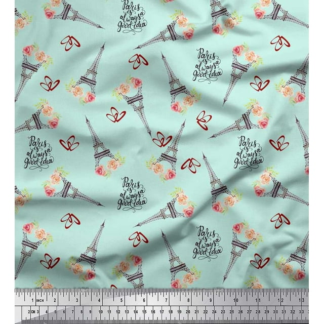 Soimoi Rayon Crepe Fabric Text,Floral & Eiffel Tower Architectural Decor Fabric Printed Yard 46 Inch Wide