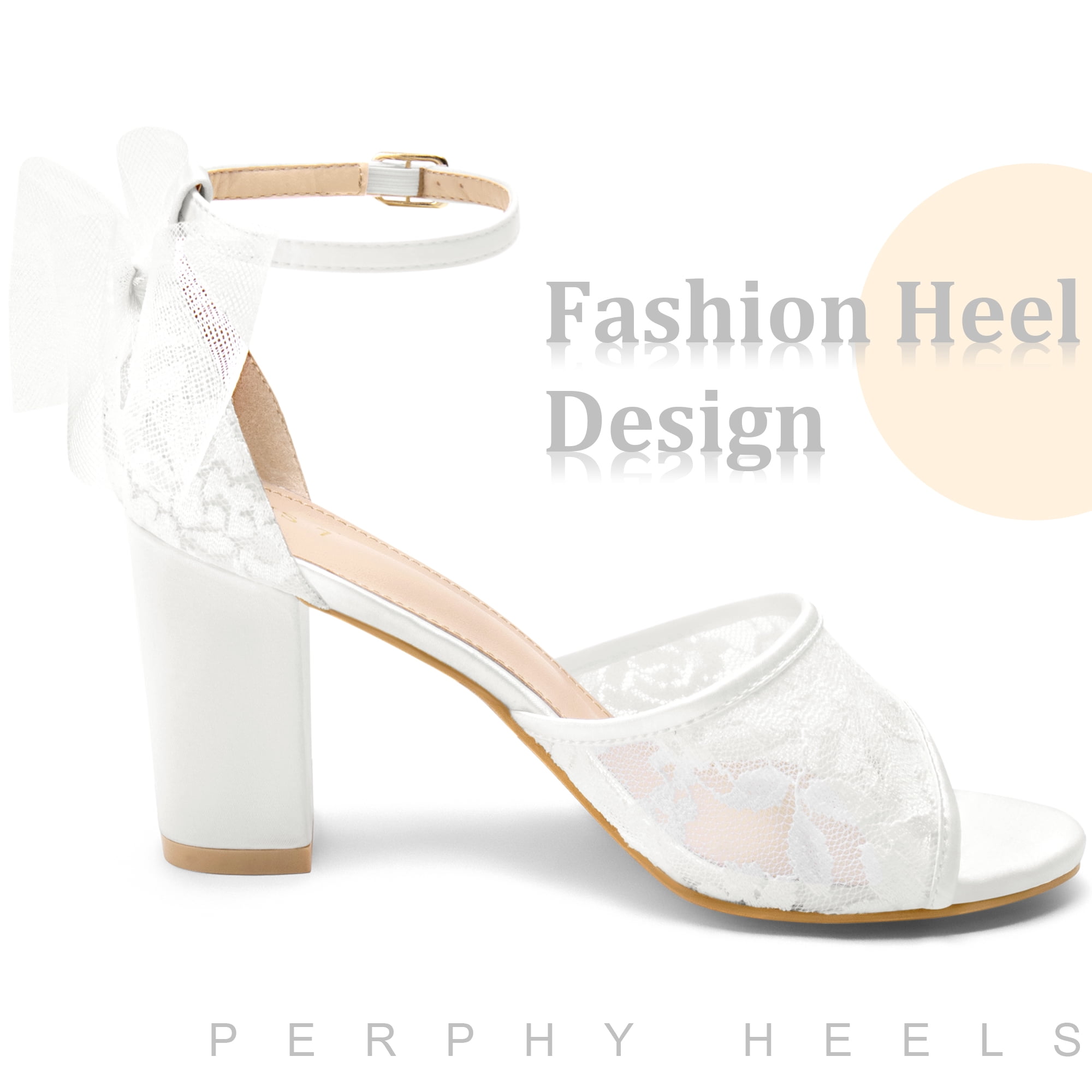 DARING DIVA Lace Open Toe Bow Ankle Strap Block Heel Sandals for Women White 8.5