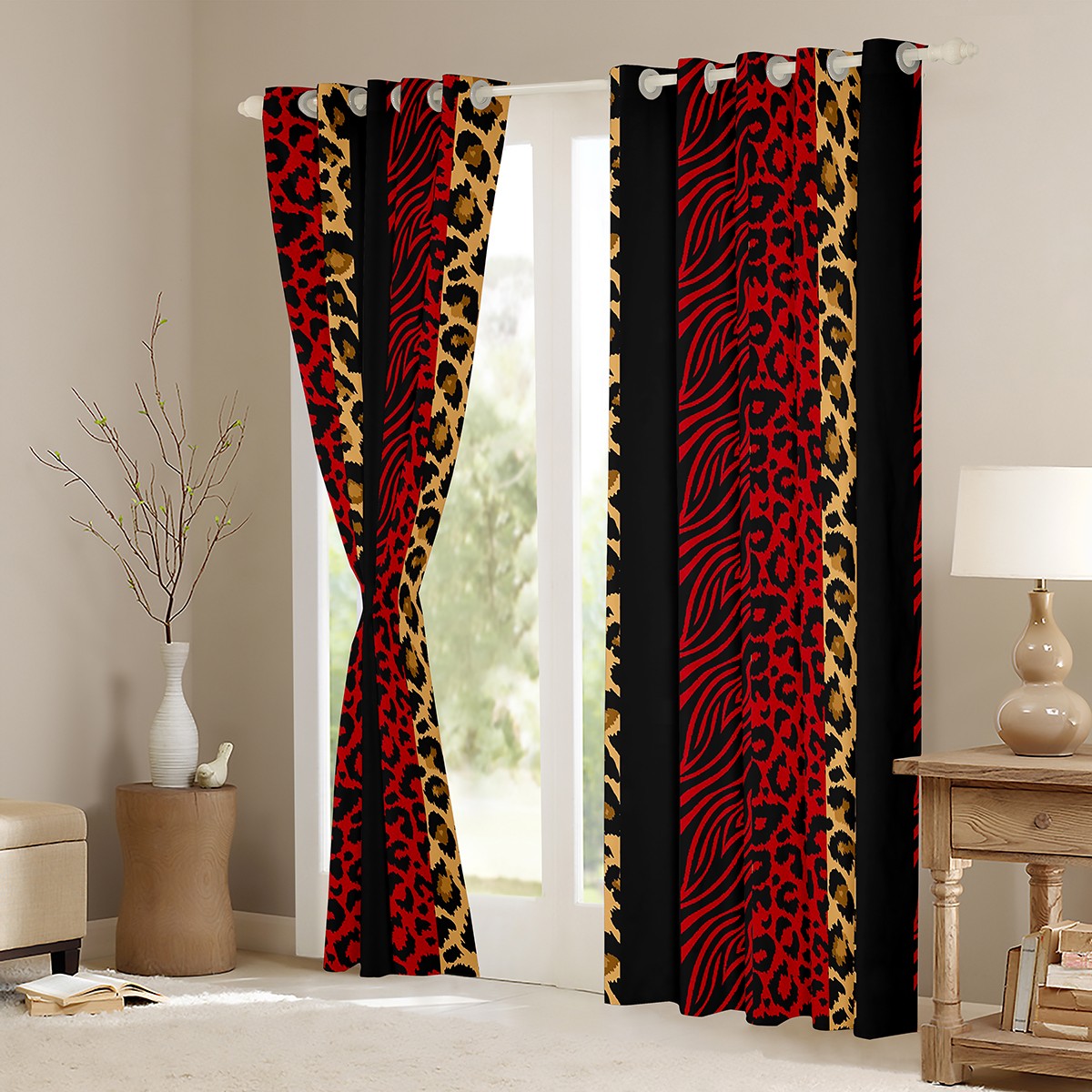 Homewish Red Leopard Print Blackout Curtains Set of 2 (52x84 Each) for Women, Modern Zebra Cheetah Print Window Curtains, Fashion Abstract Curtains and Drapes, Black Out Curtains Room Decor