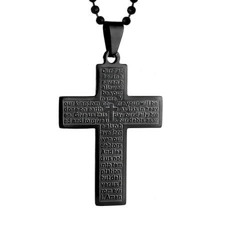 Men's Black IP Stainless Steel Lord's Prayer Cross Pendant Necklace - 24"