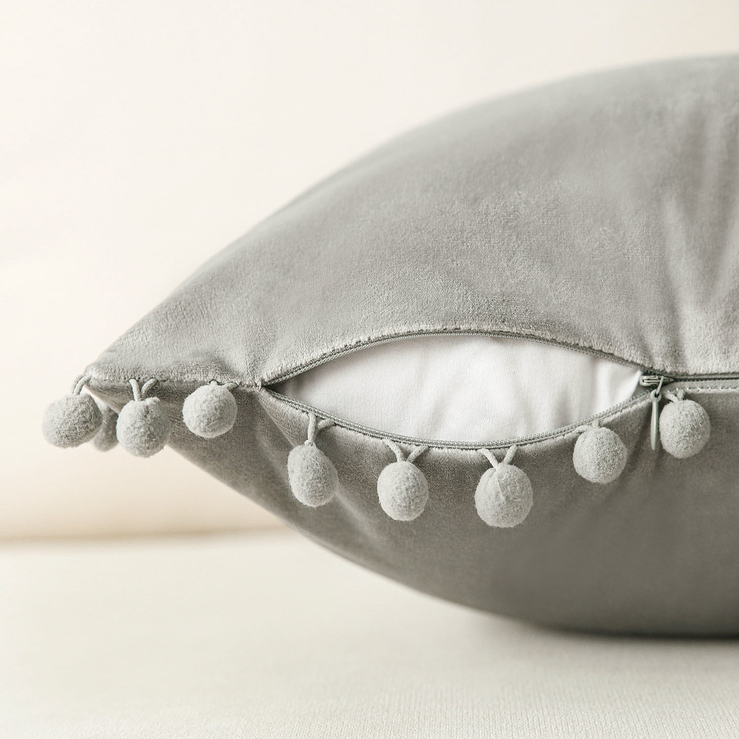 Phantoscope Pom Pom Velvet Series Decorative Throw Pillow, 18" x 18", Gray, 2 Pack
