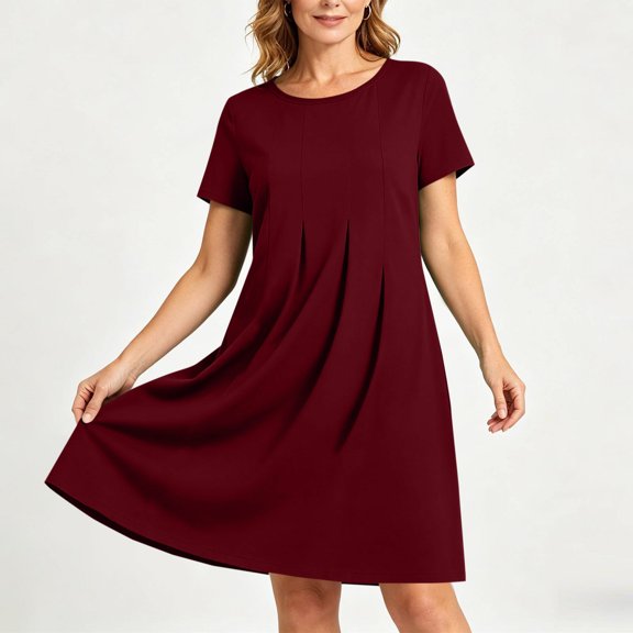 Noric Women's Summer Casual Short Sleeve Dress Solid Color Crew Neck Pleated Beach Vacation T-Shirt Dresses
