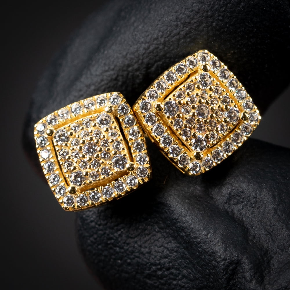 Yellow Gold 925 Sterling Silver Hip Hop 3D Cube Square Cluster Stud Earrings