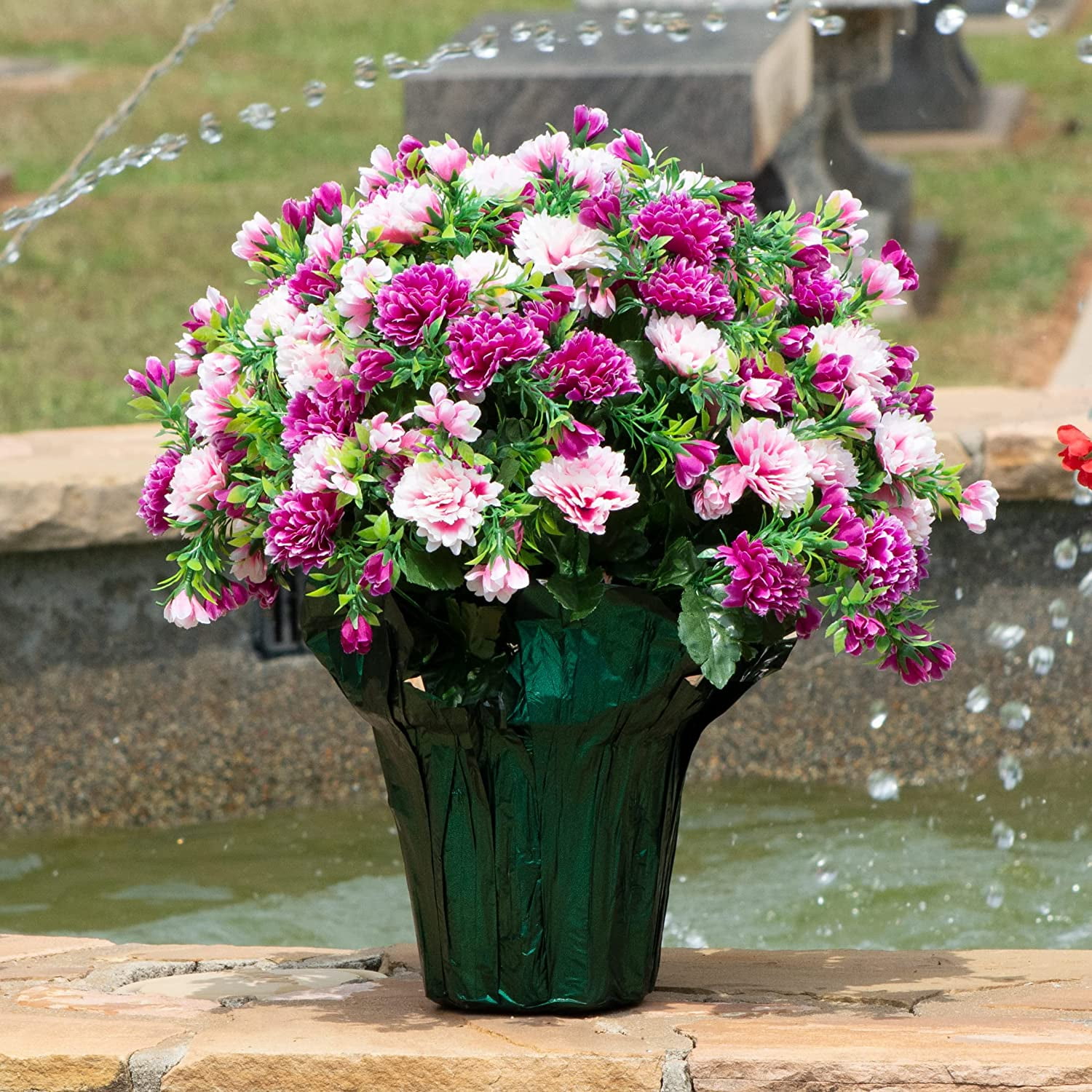 Sympathy Silks Artificial Flowers Weighted Pot Bouquet Decoration - Height 18"-20" - Fade Resistant - Home Decor, Office, or Memorial - 2 Pack of Pink and Purple Mum Pots