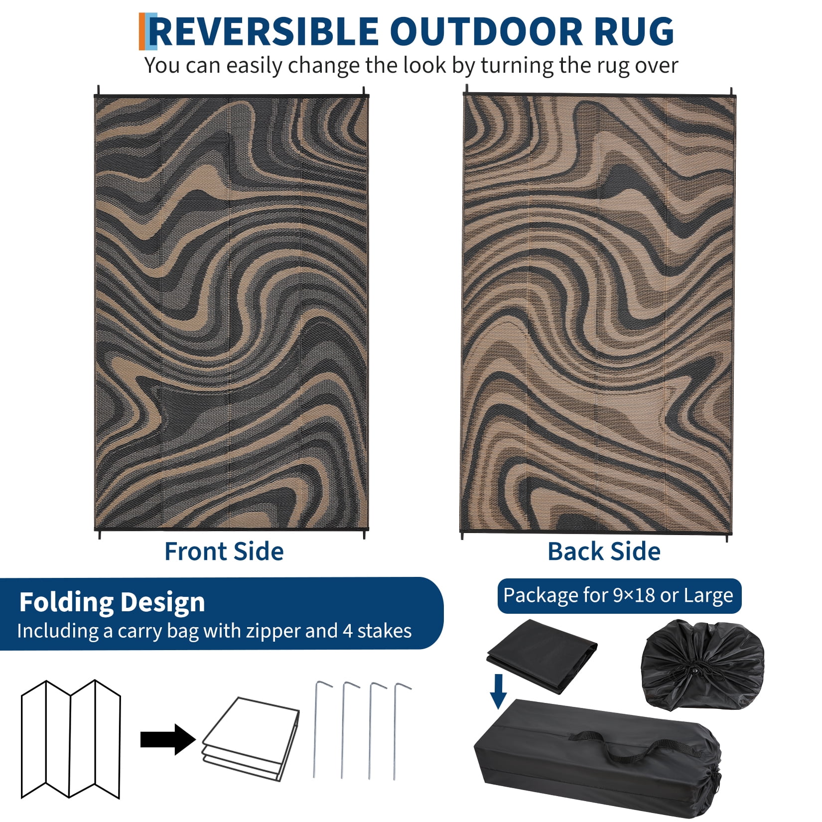 HIWEAVER 9' x 12' Black/Gray Outdoor Rug PP Plastic Straw Woven Waterproof Patio Rug with Border Portable Outside Carpet for Balcony Deck Picnic Garden Decor