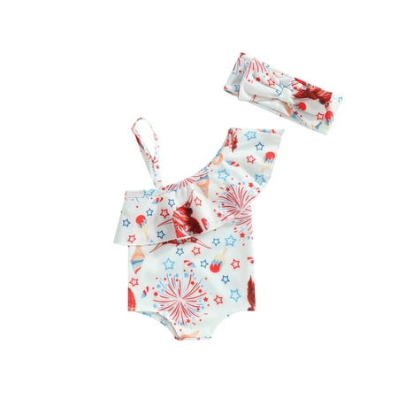 

jaweiwi Baby Toddler Girl 4th of July Romper Swimsuits 6M 9M 12M 18M 24M 2T 3T Summer Cow Head Print One Shoulder Romper and Headband Beachwear Bathing Suits