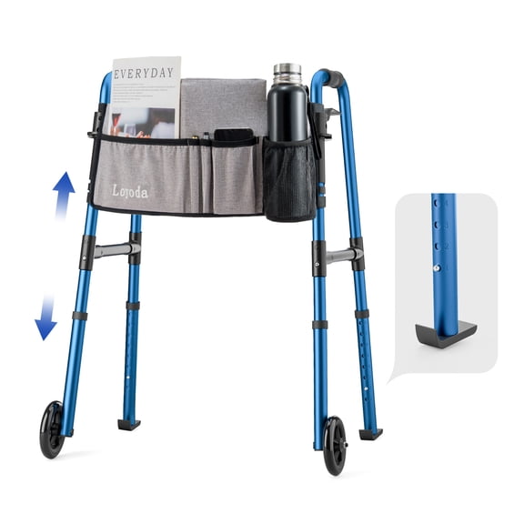 Loyoda Folding Walkers for Seniors with Bag, Standard Walker with 5'' Wheel for Adult, Lightweight Aluminum Adjustable Walker with Skis Glides