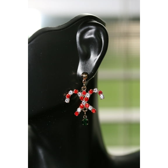 Gold-Tone Christmas Rhinestone Candy Cane Dangle Earrings, Holiday Gift Jewelry