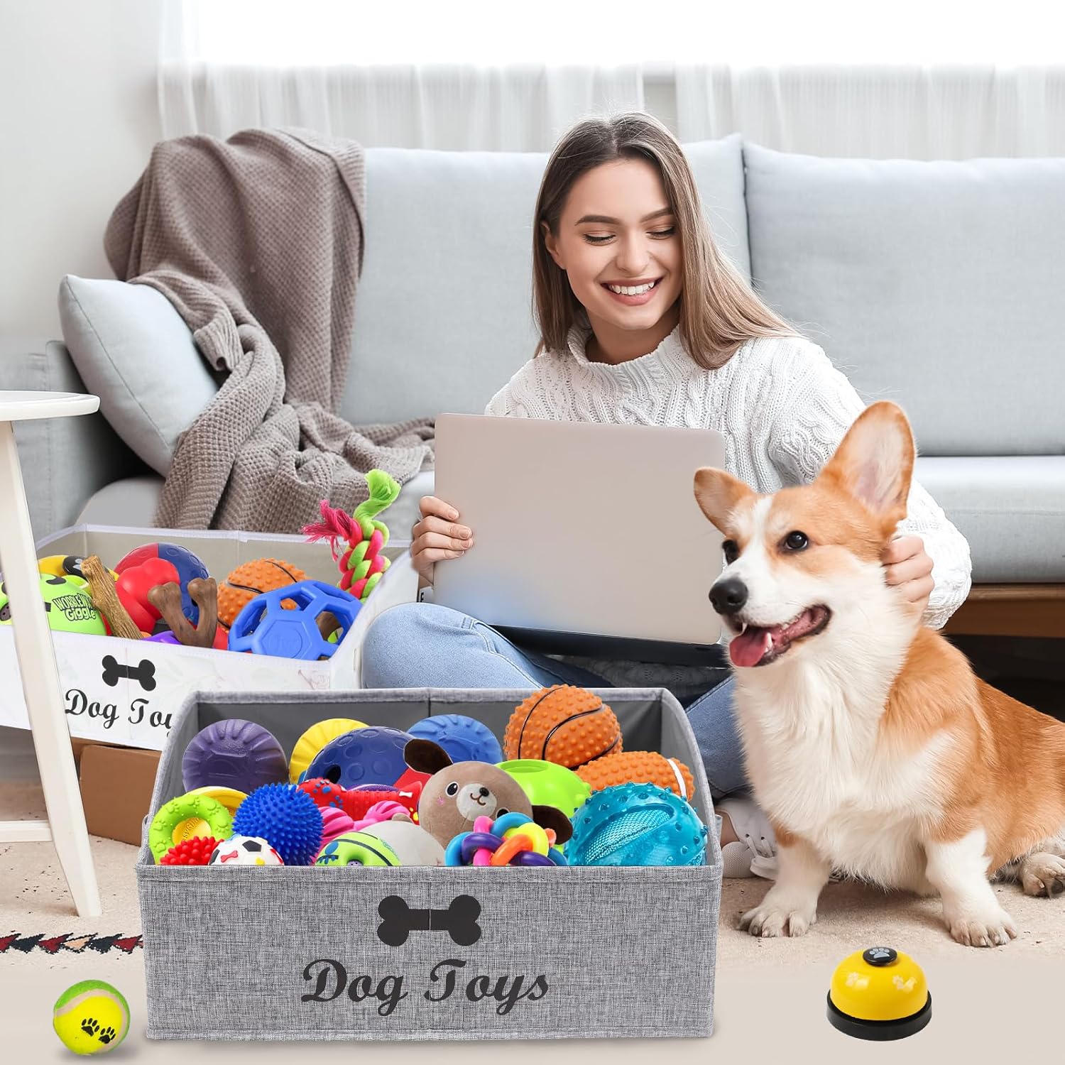 Brabtod 2-Pack Collapsible Dog Toy Basket with Handle, Fabric Trapezoid Storage for Pet Toys Blankets & Accessories, Gray & Beige Set