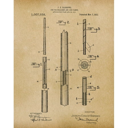 - Original Pool Cue Artwork Submitted In 1911 - Billiard - Patent Art Print