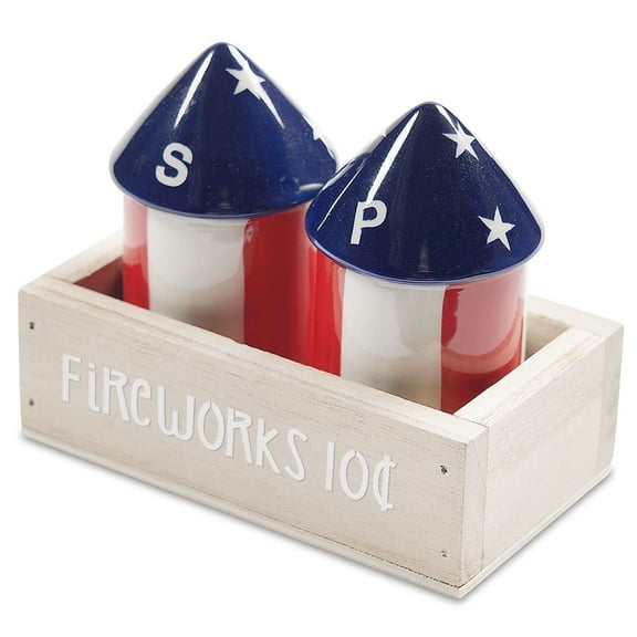 Patriotic Fireworks Salt & Pepper Shakers Set with Crate, Fourth of July Table by Current