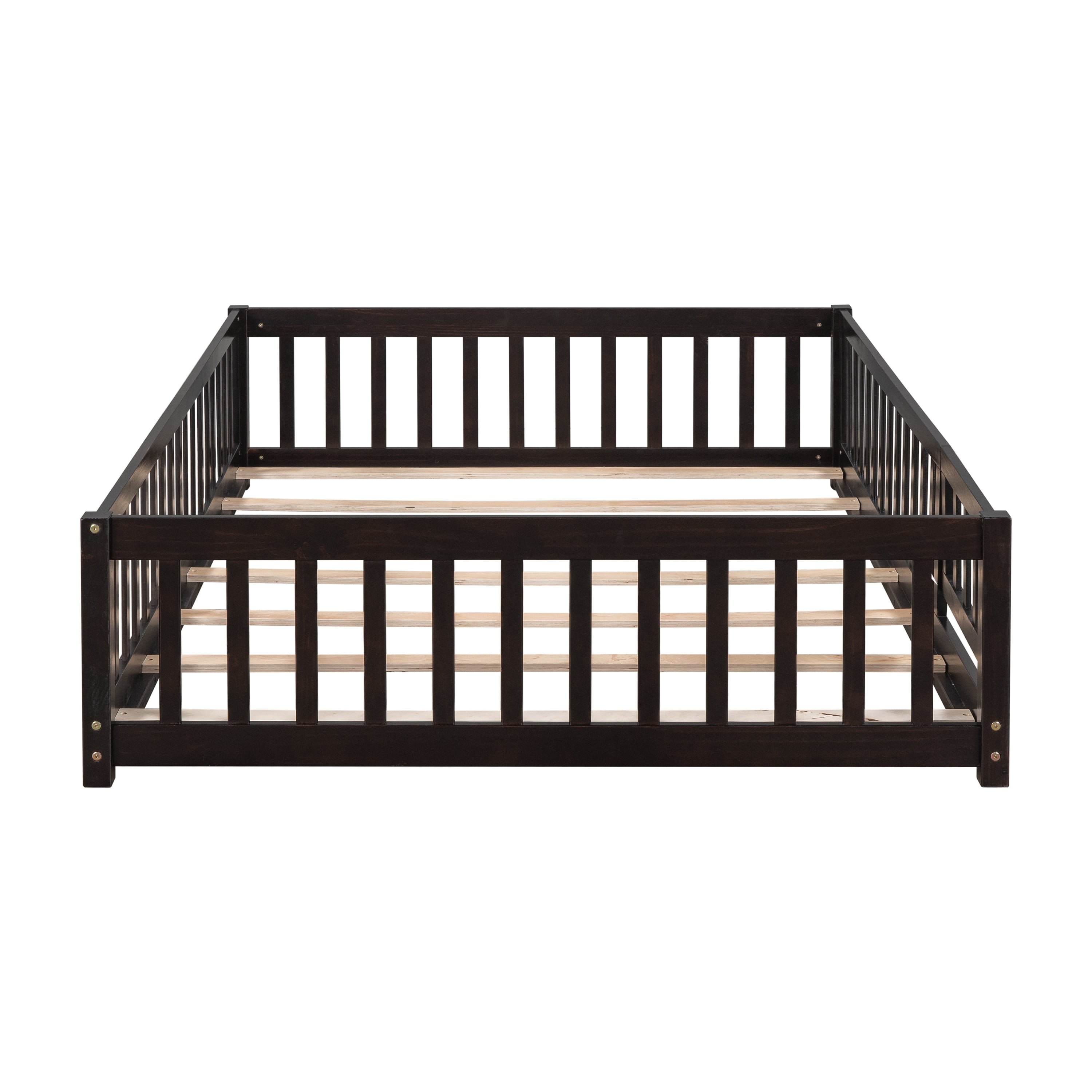 Miniyam Full Kids Floor Bed with Fence Door, Montessori Wood Platform Bed Frame with Slats, Espresso