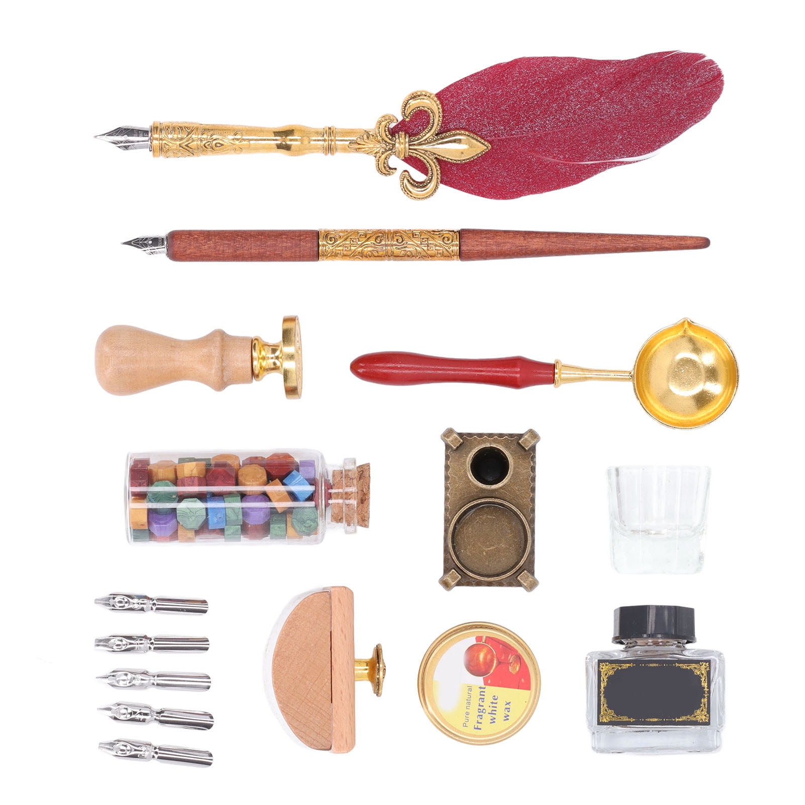 Rupoun Quill Pen and Ink Set Vintage Elegant Glossy Writing Feather Pen Wax Seal Stamp Set Wine Red (11.42 inches / 29 cm)