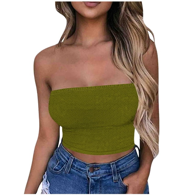 Haut Tube pour Femmes, Haut Sans Manches et Sans Bretelles en Polyester Uni avec Bande Élastique, Tenue d'Été Décontractée, Longueur Régulière, Vert Militaire, L