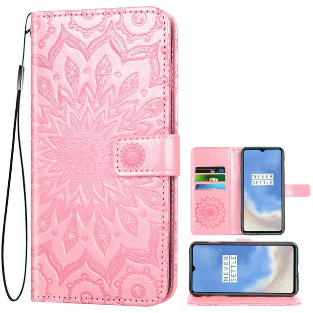 Case for Oneplus 7T Wallet Case Leather Premium PU Embossed Design Magnetic Closure Protective Cover with Card Slots for Oneplus 7T, Rose Gold