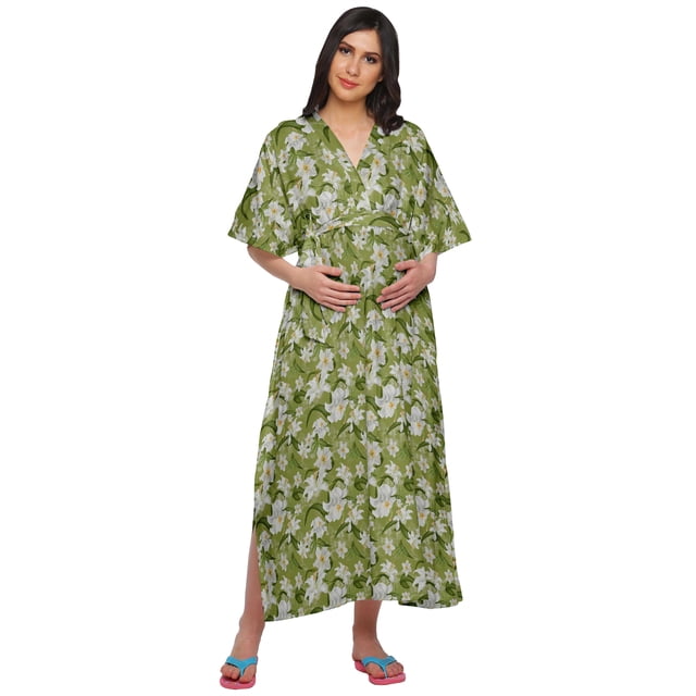 Moomaya Robe Maxi Kaftan de Maternité Longue pour Femmes à Manches Kimono Boutonnée