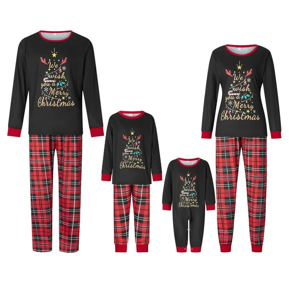Christmas Family Pajamas Matching Set Letter Christmas Tree Print Long Sleeve Tops and Plaid Pants Sleepwear Nightwear