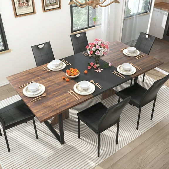 ChVans 7 Pcs Dining Table Set for 4-6 People with Chairs,70" Kitchen Dinner Table W/Waterpoof Wooden Tabletop,6 PCS Upholstered PU Chairs,Rectangular Wood Tables W/Adjustable Leg for Home Dining Room