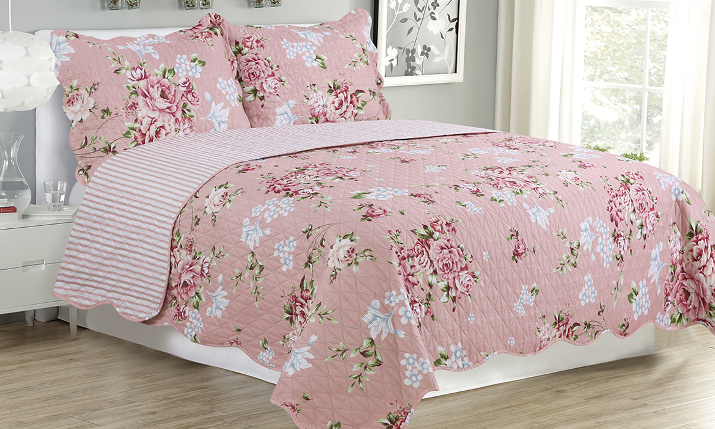 Melissa 3 Piece Quilt bedspread Set queen & king size Warm Pink