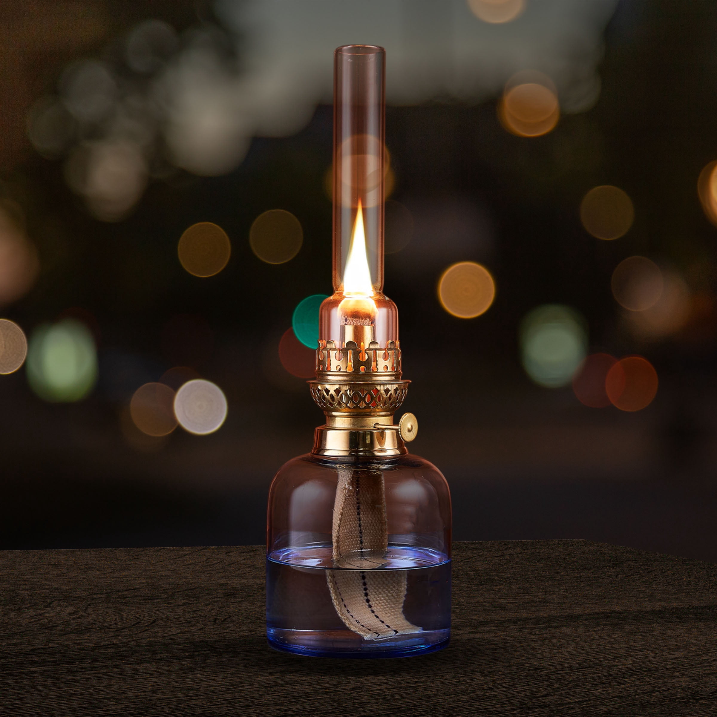 Kings County Tools Glass Oil Lamp - 15.5” Tall Decorative Lantern (Blue)