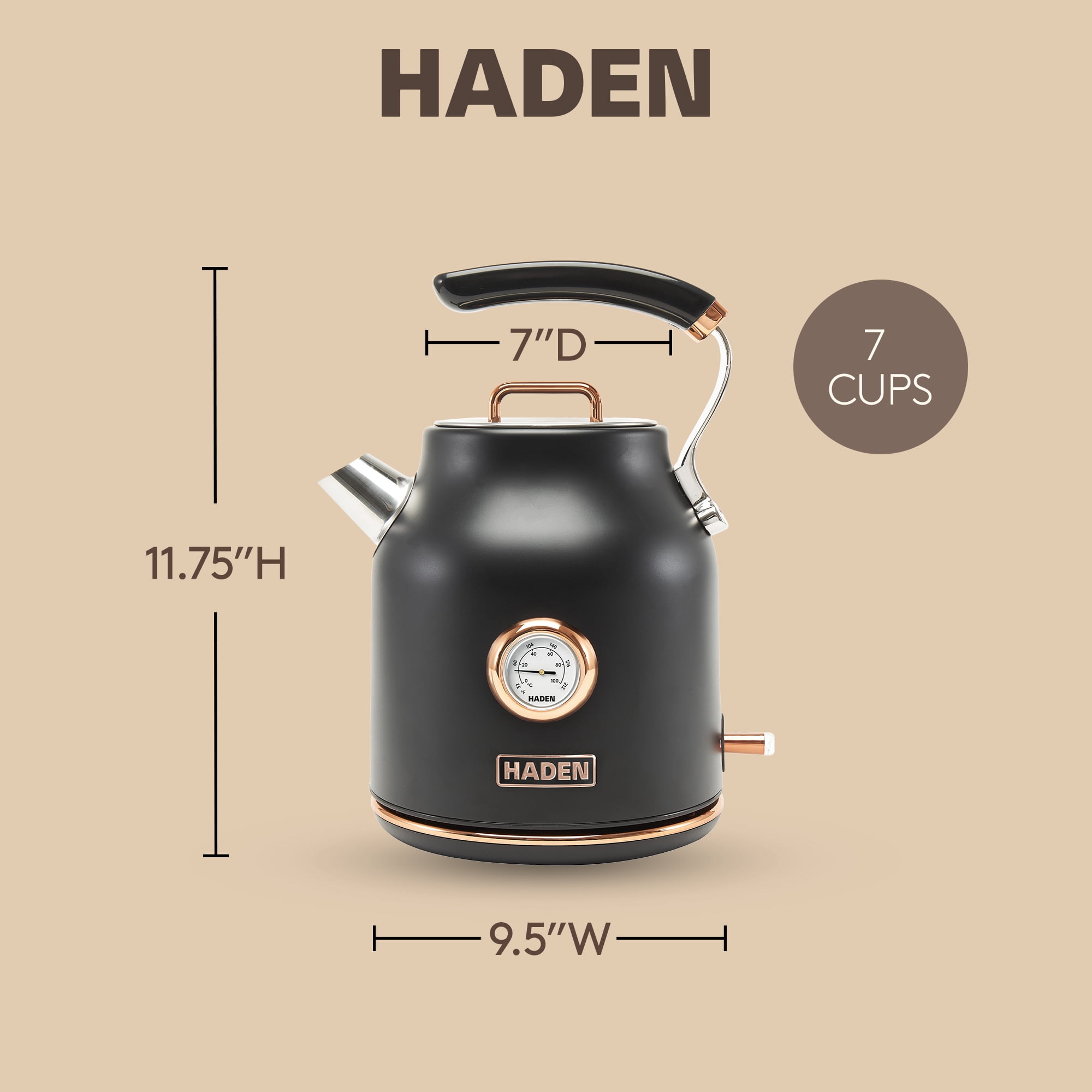 Haden Dorset 1.7 Liter Stainless Steel Electric Kettle, Black / Copper - 75070