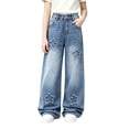 thumbnail image 2 of JUSLIO Girls Pants,Wide‑Leg Denim Jeans Fringed Star Patch Loose Casual Long Pants with Pockets Blue 9-10 Years, 2 of 6