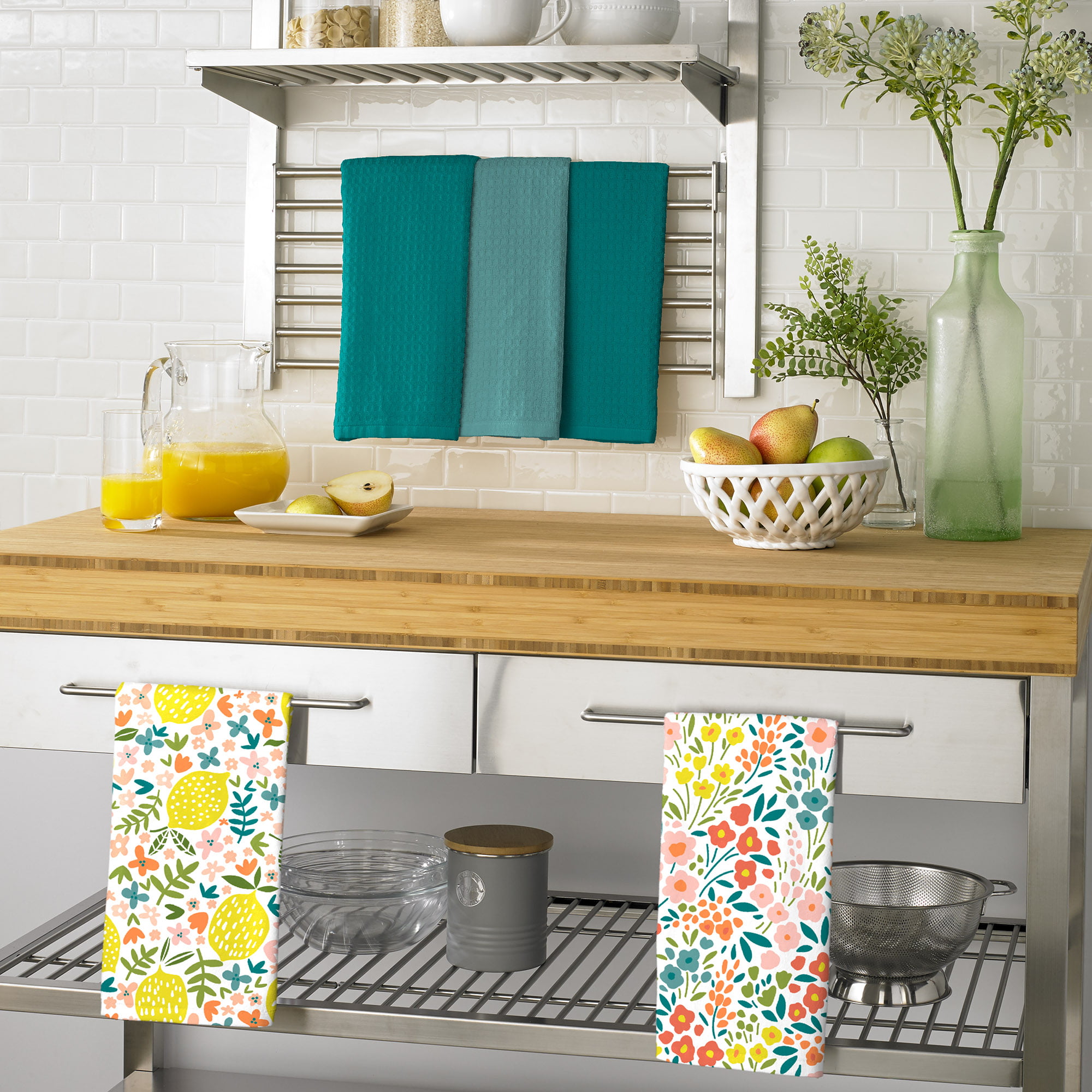Mainstays Ogee Tile Kitchen Towel, Pot Holder, and Oven Mitt Set,  Multicolor, 15W x 25L, 5 Pieces 