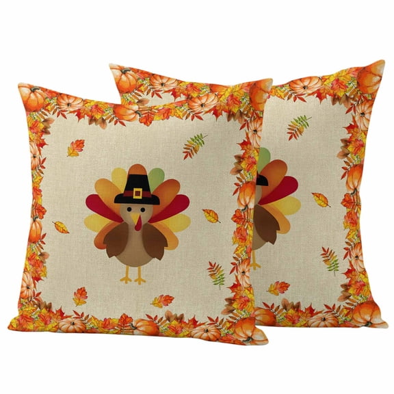 Outdoor Pillow Covers 24 x 24 Inches, Thanksgiving Pumpkin Waterproof Throw Pillow Cover Set of 2, Fall Maple Leaves Beige Autumn Decorative Square Cushion Covers for Patio/Tent/Couch/Garden