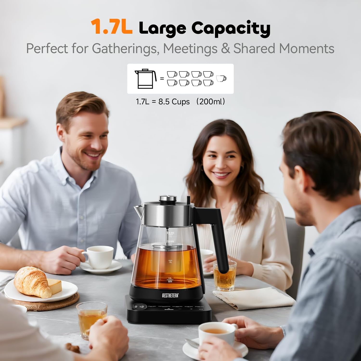 Electric Tea Kettle with Infuser 1.7L Glass Temperature Control Automatic Shut Off Warm for Tea Coffee Water Black
