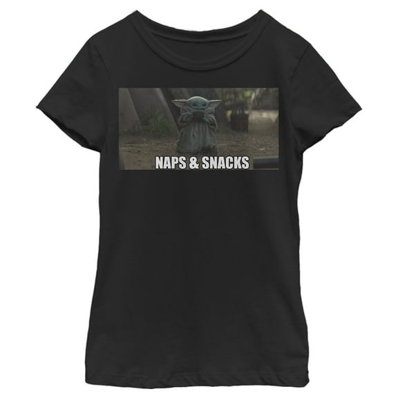 Girl's Star Wars: The Mandalorian Grogu Naps & Snacks Meme  Graphic Tee Black Medium