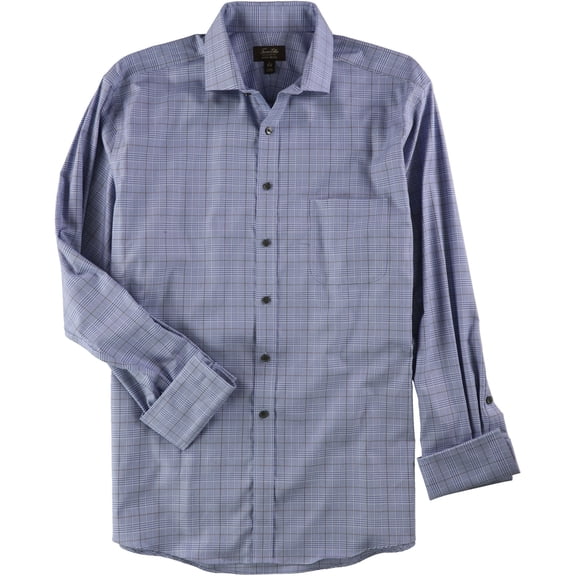 Tasso Elba Mens Plaid Button Down Dress Shirt, Blue, 14.5" Neck 32"-33" Sleeve