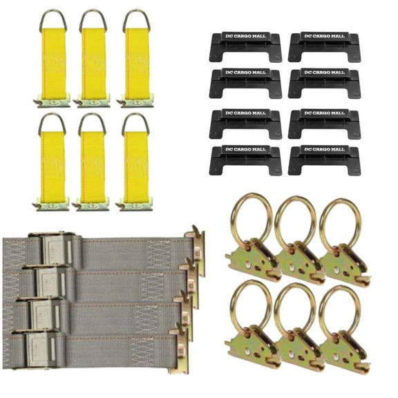 "DC Cargo Mall E-Track TieDown Kit: 4 16' Cam Straps, 8 End Caps, 6 O Rings, 6 Rope TieOffs. Ideal TieDown Accessories Bundle for Trucks, Warehouses, Docks, Trailers, Boats. E-Track NOT Included."