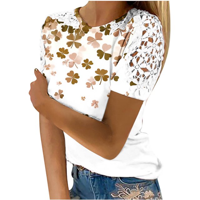 Camisas de Manga Corta para las Mujeres Impresión Cuello Redondo Suéter Encaje Blusa, Top Casual para el Hogar Y Diario
