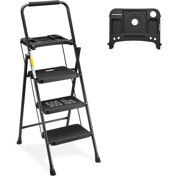 3 Step Ladder with Tool Tray, Folding Step Stool with Wide Non-Slip Pedal and Comfort Handgrip for Household and Office, Lightweight 500lbs Capacity Step Ladder, Black