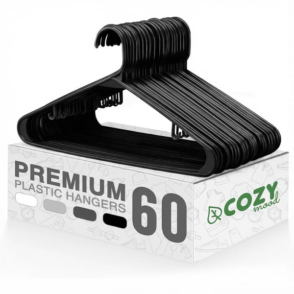 Cozymood Black Plastic Hangers 60 Pack, Durable Clothes Hanger with Hooks, Space Saving Hangers Perfect for Use in Any Closet