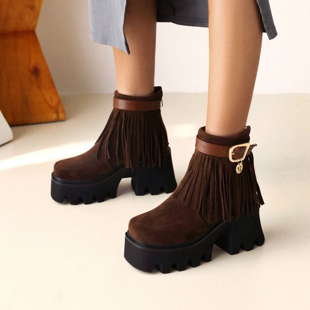 Bottines à Talons Hauts Épais en Daim à Franges pour Femmes Automne et Hiver