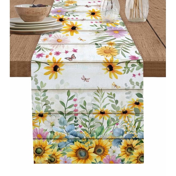 ERUNPONLY Sunflower Table Runner - 70 Inch Long Summer Botanical Pastoral Wooden Yellow Green Cotton and Linen Blended Dress Scarves Farmhouse Table Runner for Kitchen Dining, Coffee Table, 13"x70"