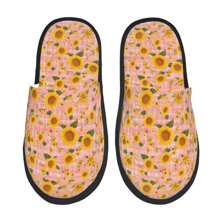 Balery Plaid Sunflower Slient Indoor Furry Fleece Comfort House Shoes Soft Non-Slip Home Shoes Cotton slippers House Slippers-- Medium