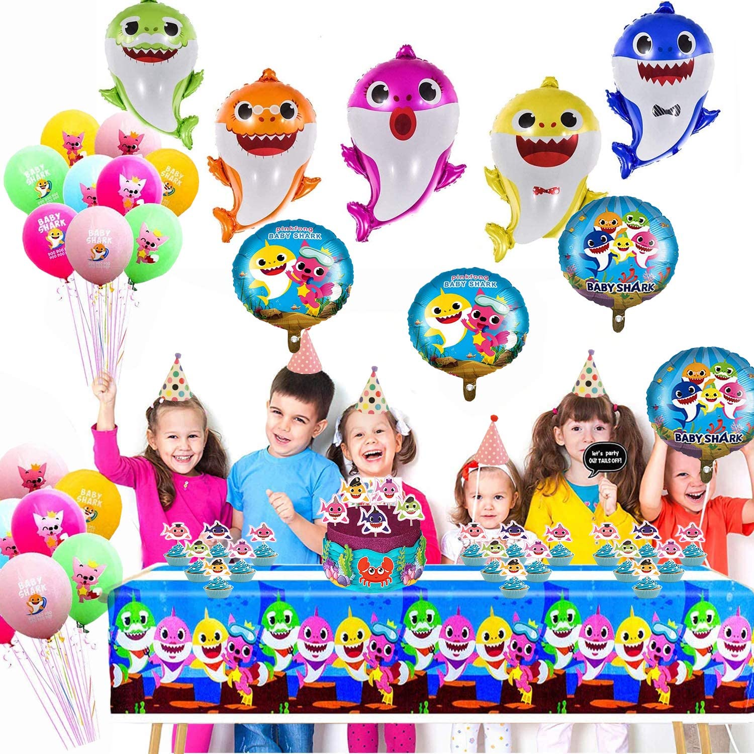 56 Pcs Baby Shark Birthday Decorations For Kids Baby Shark Themed Party Set Shark Family Balloons Tablecloth Cake Toppe Walmart Com