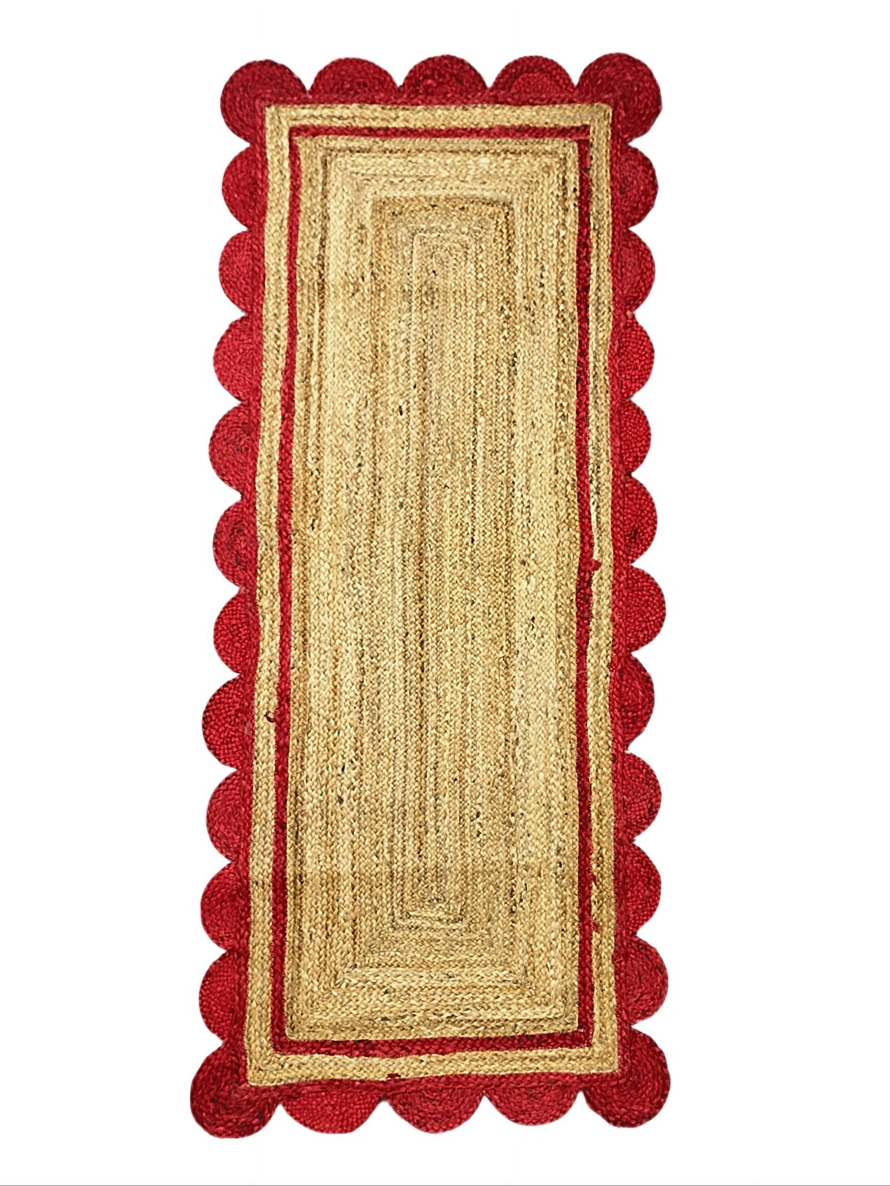 Indian Handmade Braided Natural Pure Jute with Red Scalloped Design Area Rugs Size 2 x 4 Feet ( 60 cm x 120 cm )