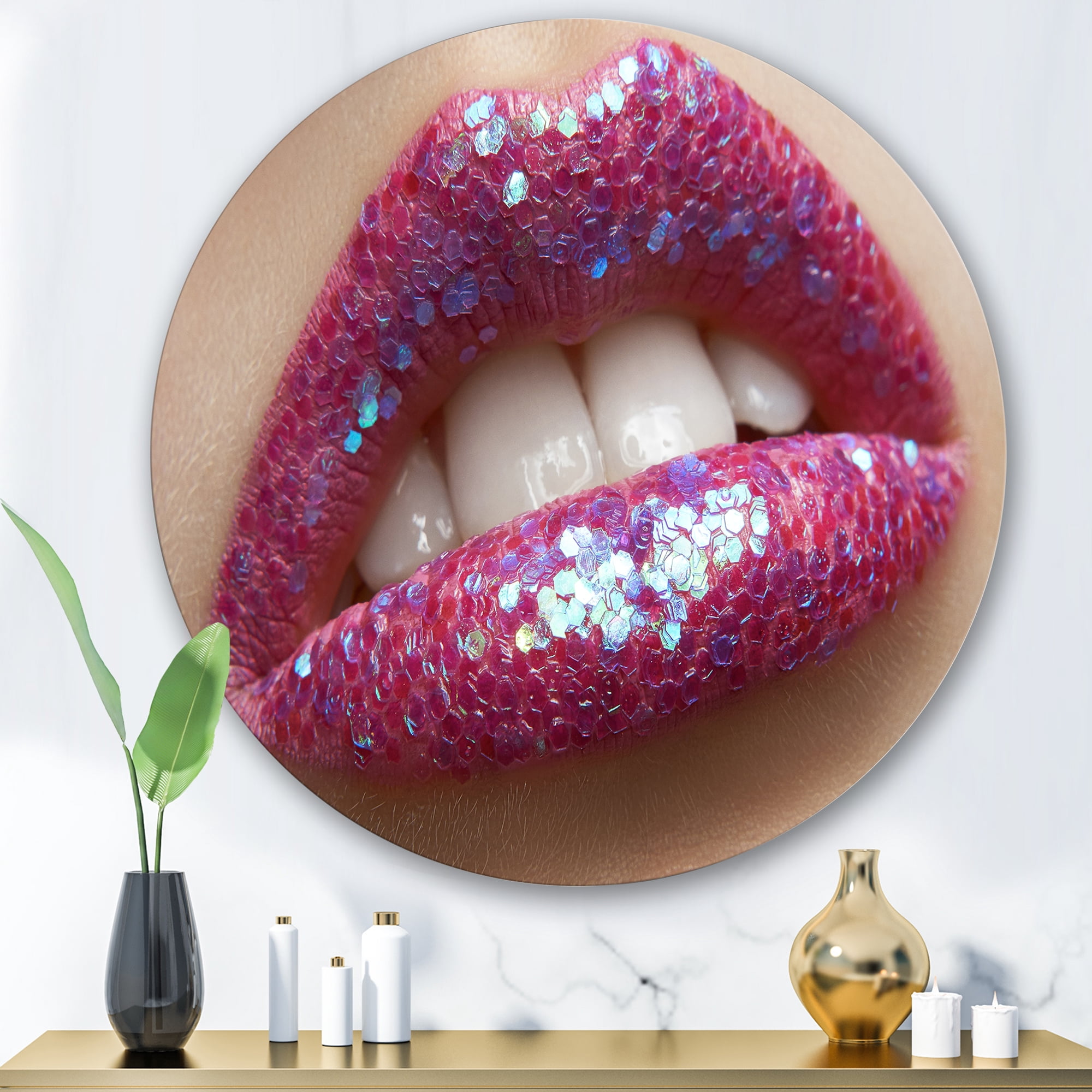 Designart 'Girl Lips Pink Lipstick and Sequins' Modern Circle Metal Wall Art 36x36 - Disc of 36
