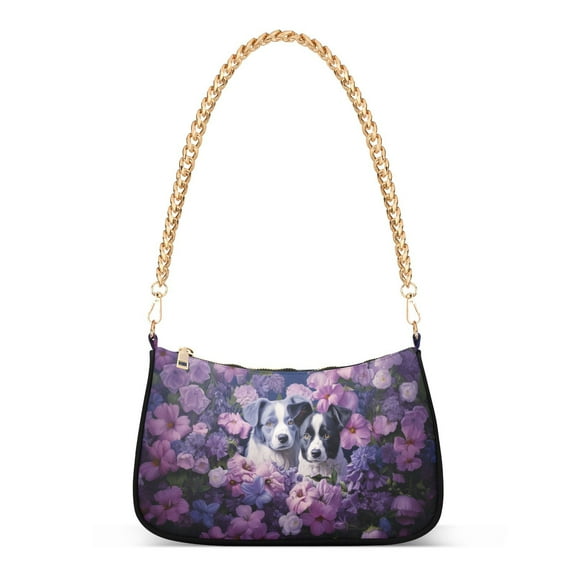 Dogs Flowers Floral PurpleWomen Small Shoulder Bag Crossbody Tote Hobo Bags Purse Clutch Handbags with Chain Strap for Women