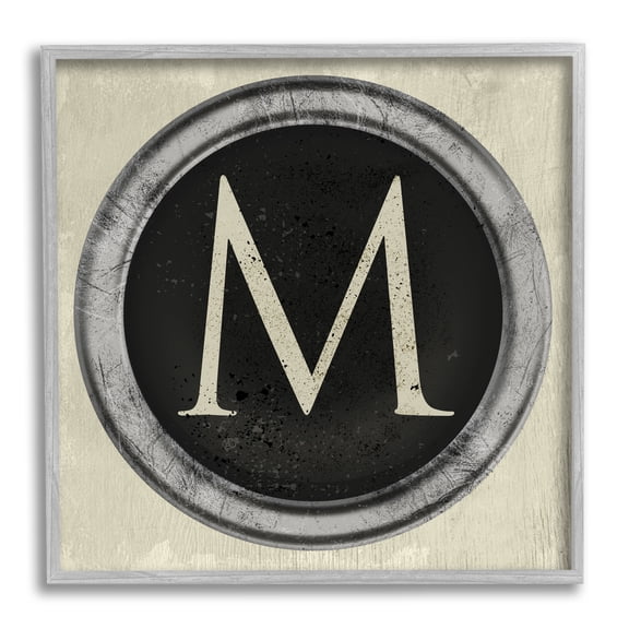 Stupell Industries Letter M Initial Vintage Shape Typewriter Key Glam Painting Gray Framed Art Print Wall Art, 24 x 24, Design by Daphne Polselli
