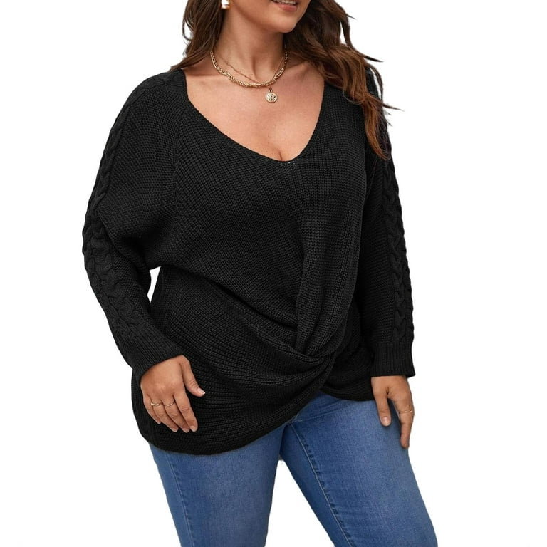 Plus size black top v neck sweater