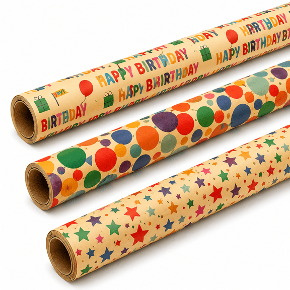 Caneden 3‑Pack Kraft Wrapping Paper Rolls, Colorful Stars, Happy Birthday Text & Party Dots Prints, 42 sq. ft Total, Kids Birthday Gift Wrap