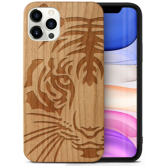 Case Yard Wooden Case Outside Soft TPU Silicone, Slim Fit Shockproof Wood Protective Phone Cover for Girls Boys Men and Women, Supports Wireless Charging Tiger Design case for iPhone-12-Pro-Max