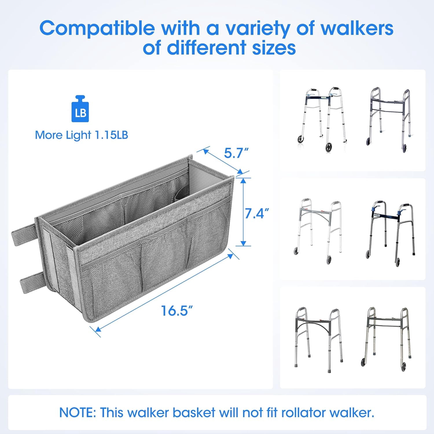KitchenKey Upgraded Walker Basket with Cup Holder, Foldable Walker Bag with Large Capacity & Never Tipping Over, Not Fit for Rollator - Grey
