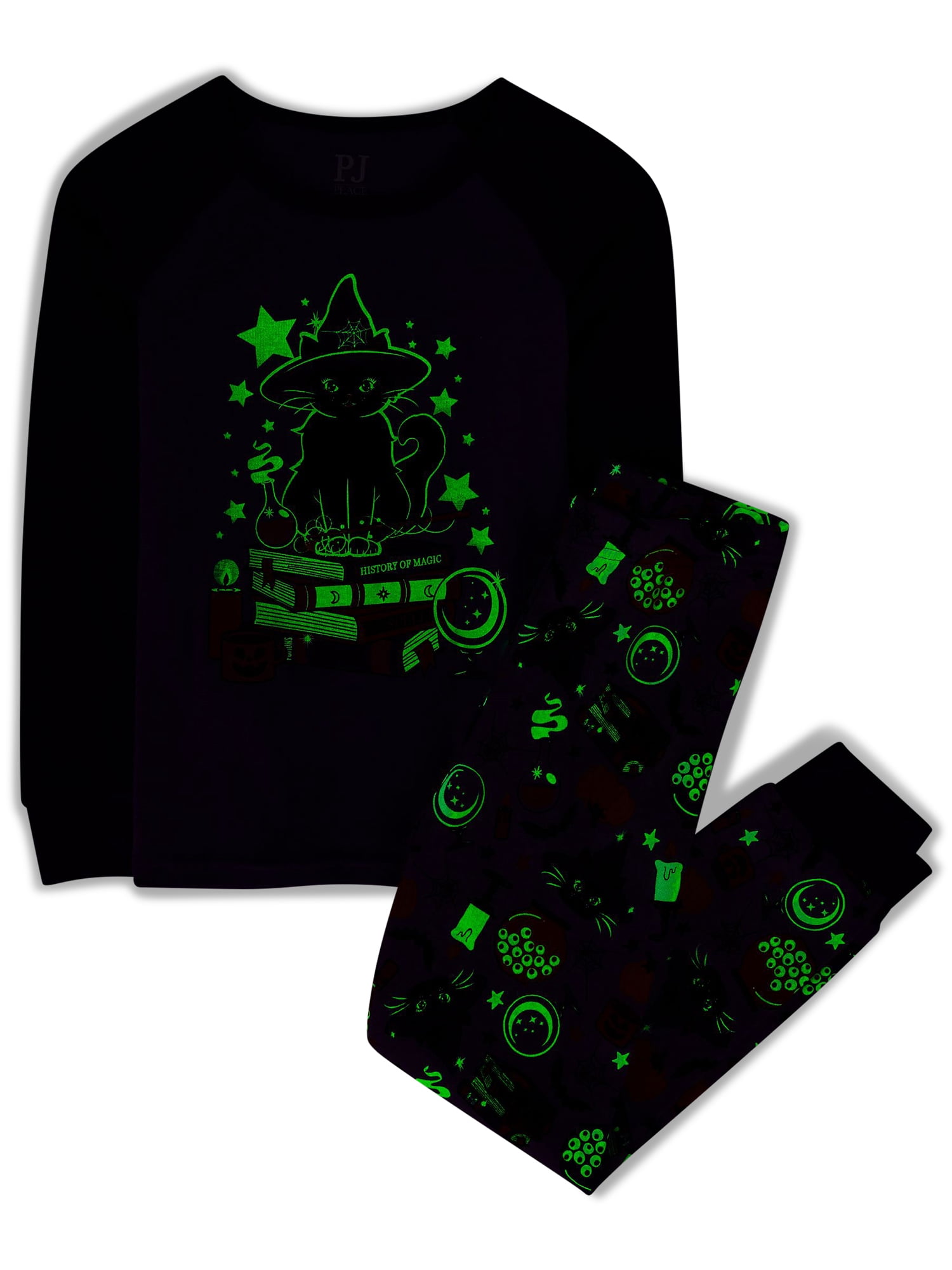 The Children's Place Baby, Toddler, & Girls Snug Fit Glow-in-the-Dark Cat Witch Cotton Pajamas, Sizes 12M-16