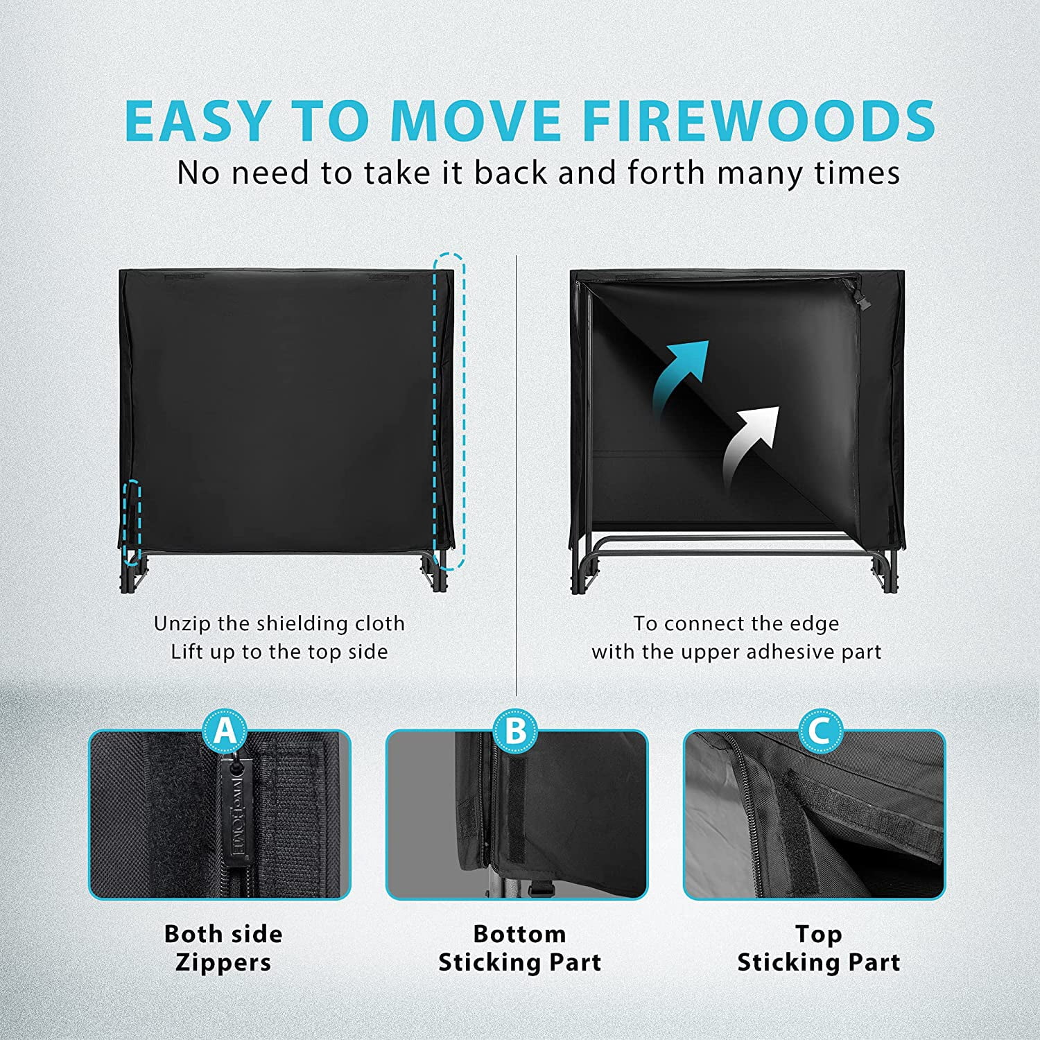 SPECSTAR 4ft Firewood Storage Log Rack with Cover, Heavy Duty Indoor Outdoor Fireplace Logs Holder Cover Combo Set Black